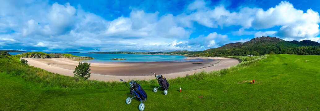 Golf Course With Carts And Clubs At The White Sand Beach Of Gairloch In Scotland