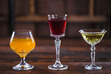 Image of colorfull coctails in the bar, mixology concept