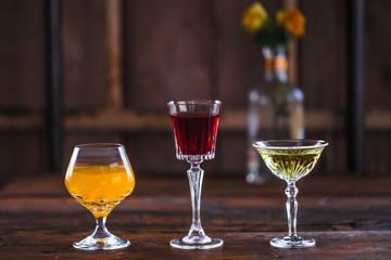 Image of colorfull coctails in the bar, mixology concept