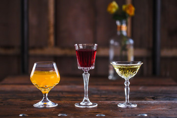 Image of colorfull coctails in the bar, mixology concept