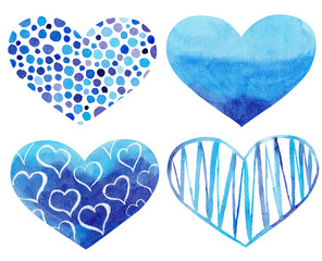 Set of Watercolor hand painted blue hearts. Symbol of love.