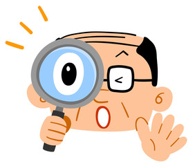 虫眼鏡を覗いて驚く中年男性　眼鏡　禿　薄毛
