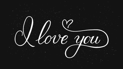 Fototapeta na wymiar I love you calligraphy hand lettering with heart on black background. Valentines day greeting card. Romantic typography poster. Vector illustration.