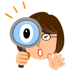 虫眼鏡を覗いて驚く女性　眼鏡
