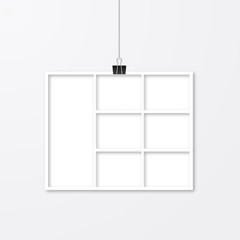 Realistic white paper photo frame hanging with binder clips. Template collage vector illustration isolated. Mock up for photographers.