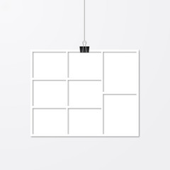 Paper photo frame hanging with binder clips. Collage vector illustration isolated on white. Social media story layout template. Advertising poster.