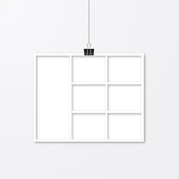 Realistic white paper photo frame hanging with binder clips. Template collage vector illustration isolated. Mock up for photographers.