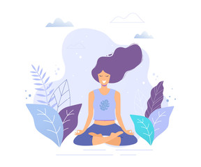 Obraz na płótnie Canvas Woman sitting in lotus position practicing meditation. Yoga girl vector trendy illustration.