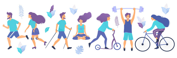 Healthy lifestyle. Different physical activities: running, roller skates, dancing, bodybuilding, yoga, fitness, scooter, nordic walking. Flat vector illustration.