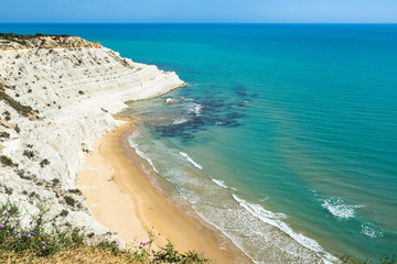 Scala dei Turchi white cliff and a sandy beach on the Mediterranean coast of Sicily, Realmonte, Agrigento province, Italy
