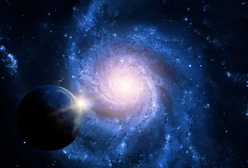 Foto auf Acrylglas Antireflex Planeten des Sonnensystems vor dem Hintergrund einer Spiralgalaxie im Weltraum. Elemente dieses von der NASA bereitgestellten Bildes. © Denis Rozhnovsky