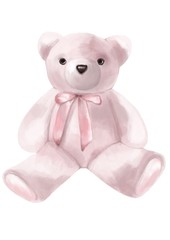 Valentines Day. Watercolor style illustration of a pink stuffed bear on the flat white background