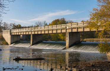 Bridge over the Dupage River on a Autumn/ Fall morning.  Channahon, Illinois, USA