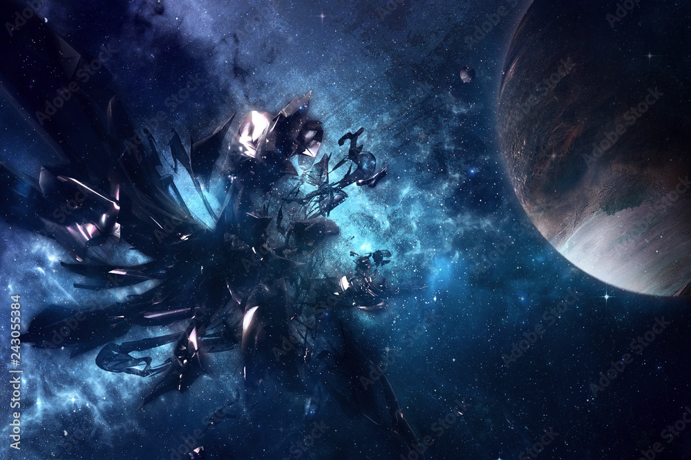 Wall mural amazing spaceship near a planet in a colorful nebula view in deep space