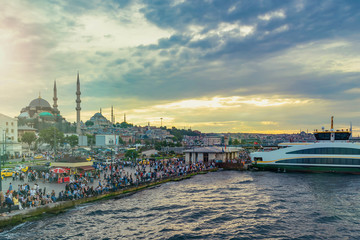 Scenic view of Eminonu pier and New Moskue (Yeni Cami), Istanbul, Turkey