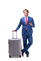 Young handsome businessman with suitcase isolated on white 