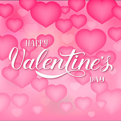 Valentine’s day greeting card. Soft pink background with 3d flying hearts. Happy Valentines Day calligraphy hand lettering.