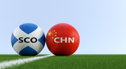 China vs. Scotland Soccer Match - Soccer balls in China and Scotland national colors on a soccer field. Copy space on the right side - 3D Rendering 