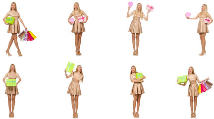 Beautiful woman in golden dress with bags 