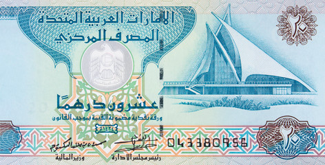 Dubai Creek Golf and Yacht Club on AE 20 dirham note. United Arab Emirates AED currency money close up.. - obrazy, fototapety, plakaty