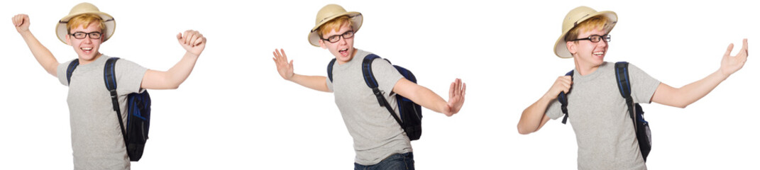 Young boy in cork helmet with backpack 