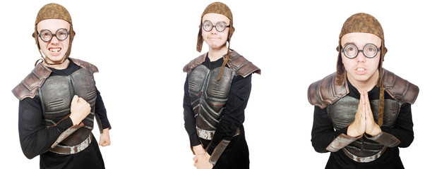 Young funny man in armour suit 