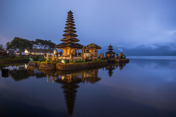 Night view of Pura Ulan Danu Bratan a famous picturesque landmark and a significant temple on the shores of Lake Bratan in Bali, Indonesia.