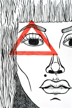 Graphic portrait with red triangle on the face. Surreal illustration