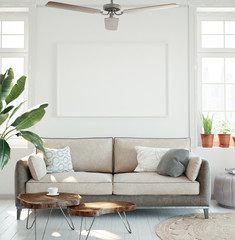 Mockup poster in hipster living room interior, 3d render © artjafara