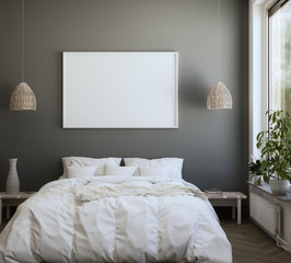 Fototapeta na wymiar Mock-up poster frame in bedroom, Scandinavian style, 3d render