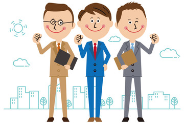 ポップなスーツの男性社員3人がガッツポーズ　全身　オフィス街