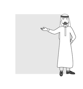 Arab man wearing traditional clothes standing up vector. Business man presentation with copy space for text. Simple line hand drawn style.