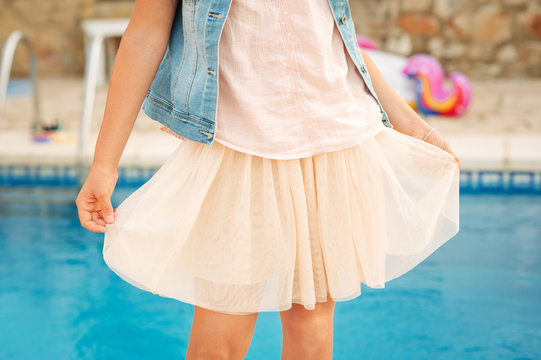 Close up image of tulle skirt wearing by young girl