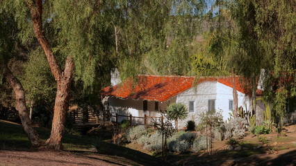 Historic old ranch building nestled under trees