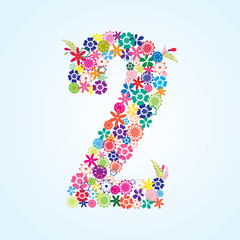 Vector Colorful Floral 2 Number Design isolated on white background. Floral Number Two Vector Typeface