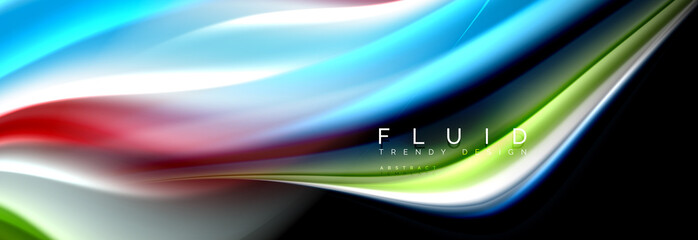 Bright colorful liquid fluid lines on black, modern abstract background