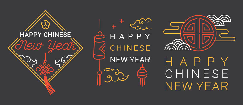 Chinese New Year Greeting Badge In Simple Editable Thin Line Style Vector Illustration