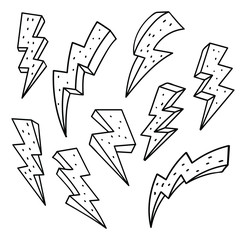Set of thunderbolt in doodle style vector illustration