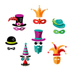 Set of carnival masks isolated on white background for birthday, party, props. Flat style. Vector illustration.