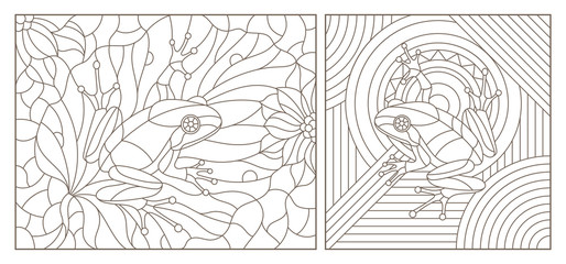Set of contour illustrations of stained glass Windows with frogs, dark contours on a white background