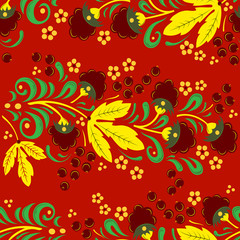 Fototapeta na wymiar Seamless floral pattern in folk painting style, flowers, leaves and berries on red background