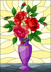 Illustration in stained glass style with floral still life, colorful bouquet of red  roses in a purple vase on a yellow  background