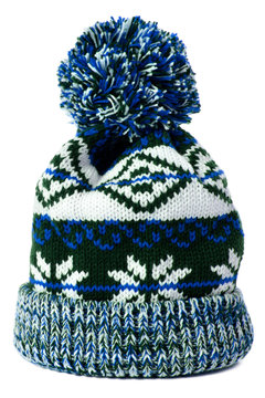 Blue snowflake pattern winter ski bobble hat isolated