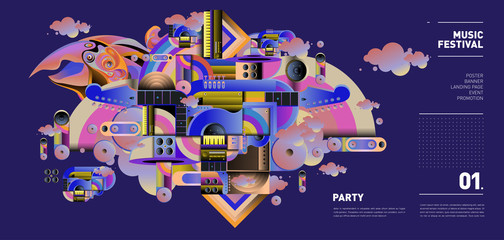 Music Festival Illustration Design for Party and Event. Vector Illustration Collage of Music for Background and Wallpaper in eps 10