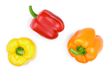 yellow orange and red sweet bell pepper isolated on white background. Top view. Flat lay