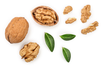 Walnuts with leaf isolated on white background. Top view. Flat lay