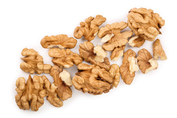 peelled Walnuts isolated on white background. Top view. Flat lay