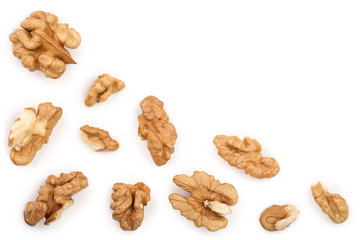peelled Walnuts isolated on white background with copy space for your text. Top view. Flat lay