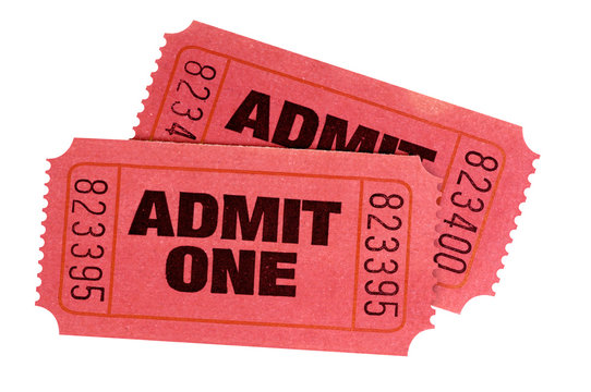 Two red admit one retro movie tickets isolated