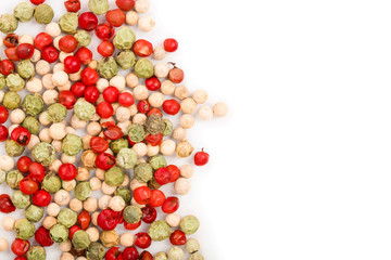 Mixed of peppercorn red white and green pepper isolated on white background with copy space for your text. Top view